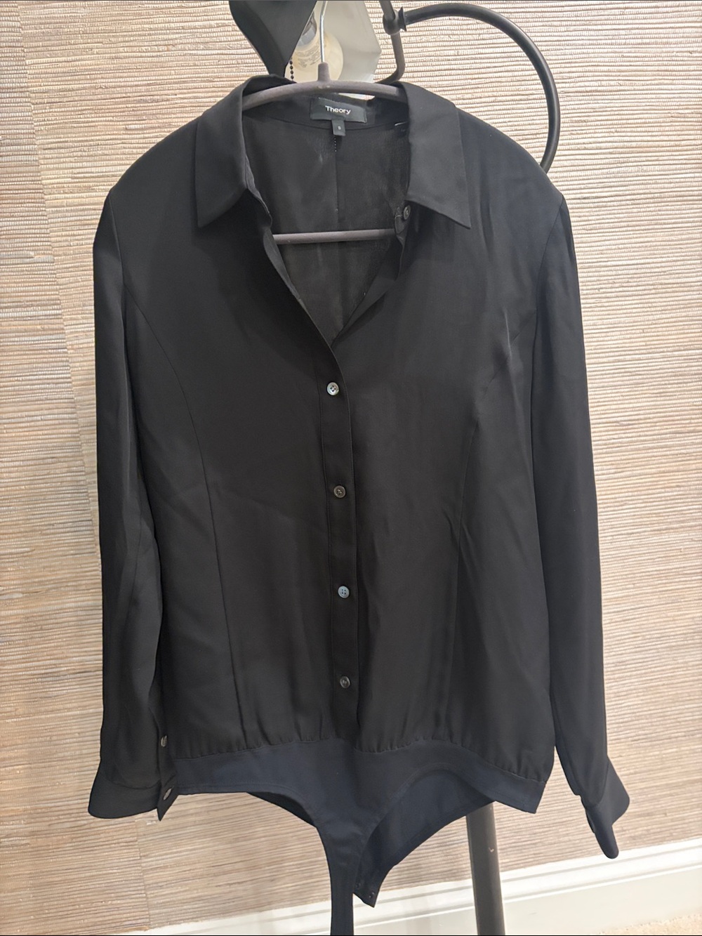 Theory Black Button-Front Long-Sleeve Silk Bodysuit Shirt